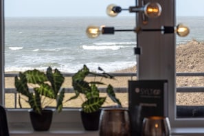 Vista al océano a través de una ventana con plantas en macetas y un cartel.