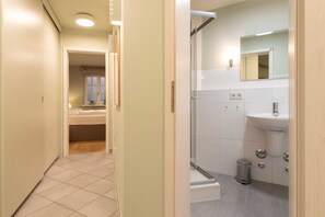 Shower, hair dryer, towels