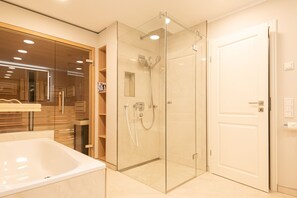 Shower, hair dryer, towels