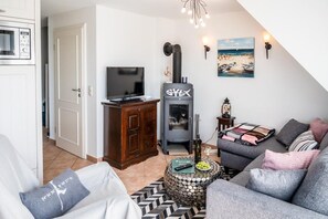 Télévision, cheminée, chaîne hi-fi