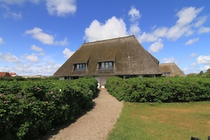 A thatched-roof building with a gravel path leading to it, surrounded by well-maintained hedges. - Haus Passat App. 9 - Gemütliche 1-zimmer Ferienwohnung Unter Reet mit ca. 32 m², für bis zu 2 (Wenningstedt-Braderup (Sylt))