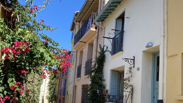 A narrow cobblestone street with a row of buildings featuring balconies, a stone bench, and potted plants. - Pretty Fisherman's cottage 2 minutes from the beach! Sea/city view! Picturesque street! Patio (Collioure)