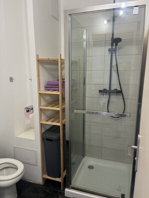 Bathroom features a glass-enclosed shower with handheld showerhead and black hose, a shelf unit, toilet, and vent.