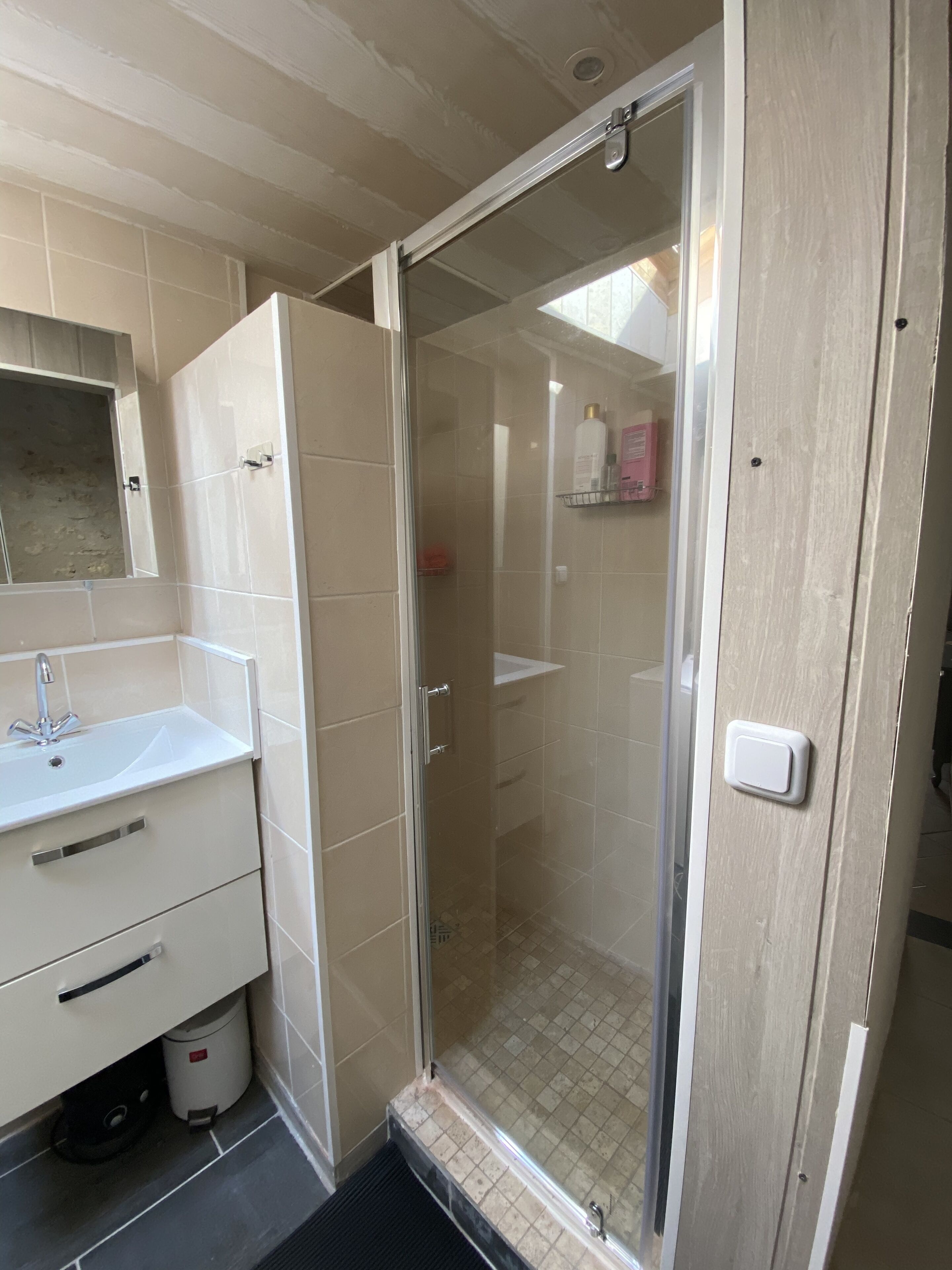 Un baño con ducha envuelta en vidrio, un lavabo con espejo y suelo de azulejos.