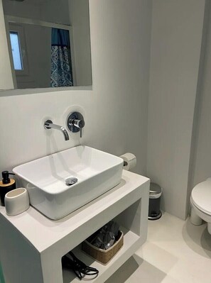 Bathroom features a rectangular sink, single faucet, and mirror above, alongside a toilet and storage shelf.