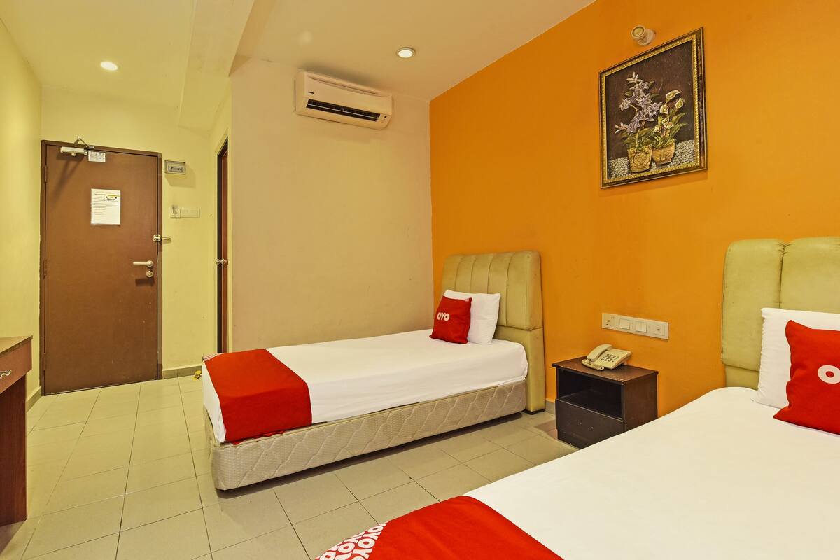 Habitación de hotel con dos camas, una mesita de noche con un teléfono, un equipo de aire acondicionado y un cuadro en la pared.