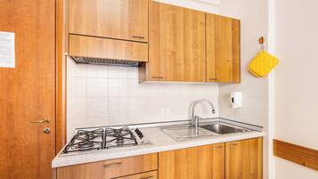 Kühlschrank, Mikrowelle, Herdplatte, Kochgeschirr/Geschirr/Besteck