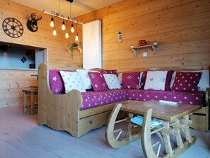 TV, fireplace - Spacious mountain studio, valley view balcony, central location, near slopes (Pra-Loup)