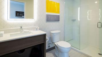 A modern bathroom with a glass shower enclosure, a white sink, and a toilet.