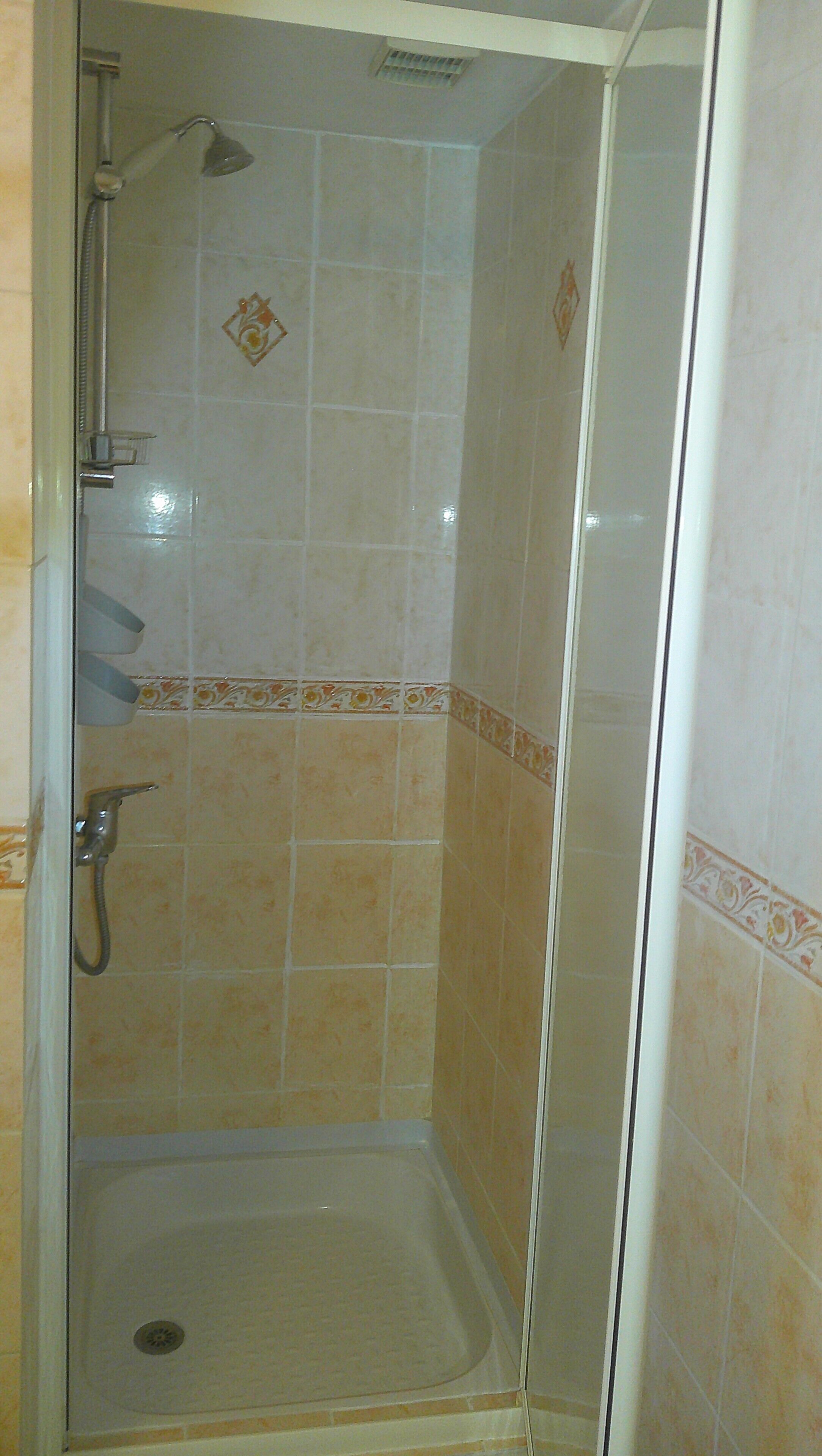 Een douche met een glazen deur, een handdouche en een wandmengkraan.