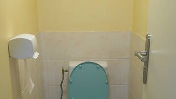 A small bathroom with a toilet, a toilet brush, and a paper towel dispenser.