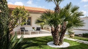 Una casa con patio, mobiliario exterior y una palmera.