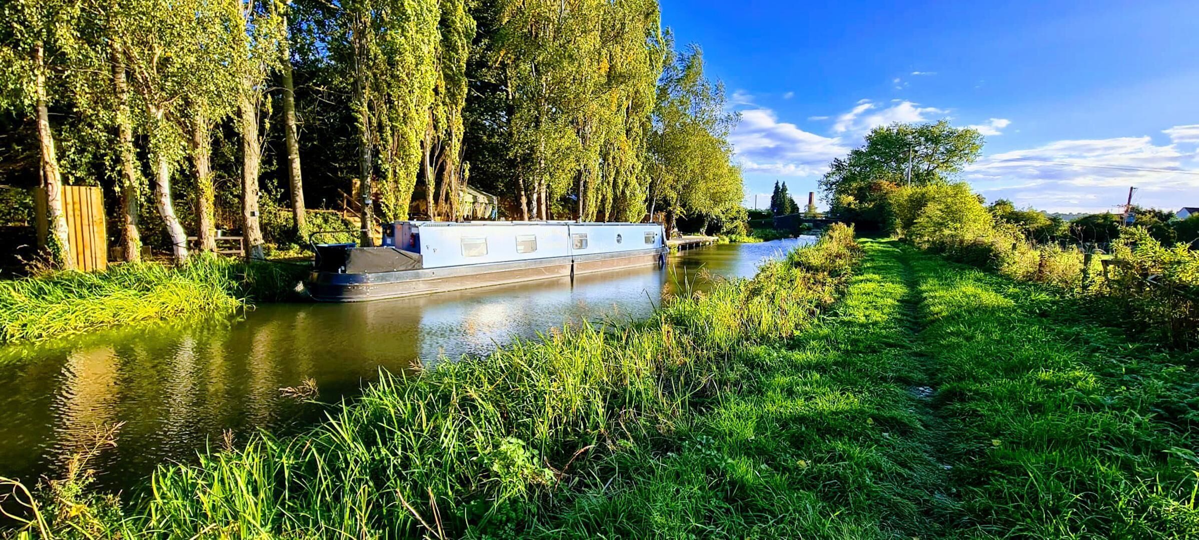 A narrowboat on a calm river surrounded by lush greenery and tall trees.