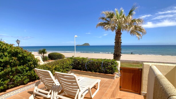 Una terrazza con sedie di plastica bianca, una palma e vista sulla spiaggia e sull'oceano.