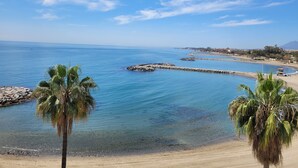 A coastal view with clear blue water, sandy beach, and palm trees. - B51 Executive Flats Marbella Puerto Banus (Marbella)