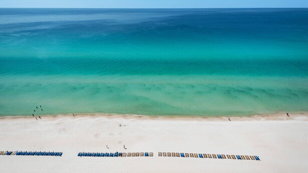 An aerial view of a beach with clear turquoise waters, a sandy shore, and rows of blue beach umbrellas. - 1BR 2BA @ THE AQUA SLEEPS 6!! (Panama City Beach)