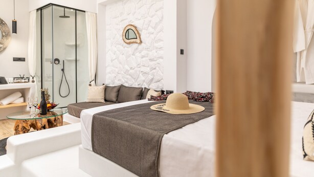 A modern bedroom with a glass-enclosed shower, a bed with a grey blanket, and a decorative wall with a clock.