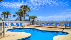 A swimming pool with blue chairs and palm trees. - 7 Bed, 7.5 Bath, Oceanfront Home, Private Pool that can be heated (Garden City Beach)