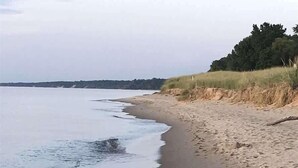 A beach with a sandy shore and a grassy area. - You Are My Sunshine (South Haven)
