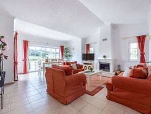 TV, lareira, livros, aparelho de som