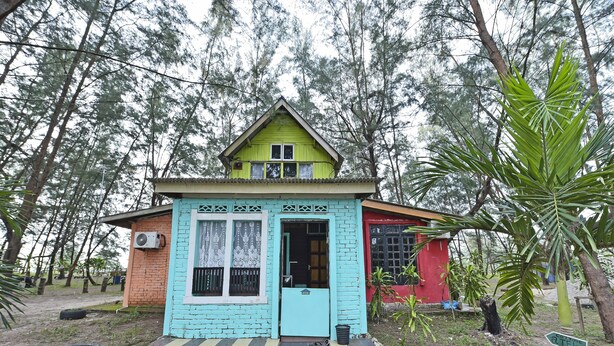 A small, colorful house with a green roof and a blue door, surrounded by trees.