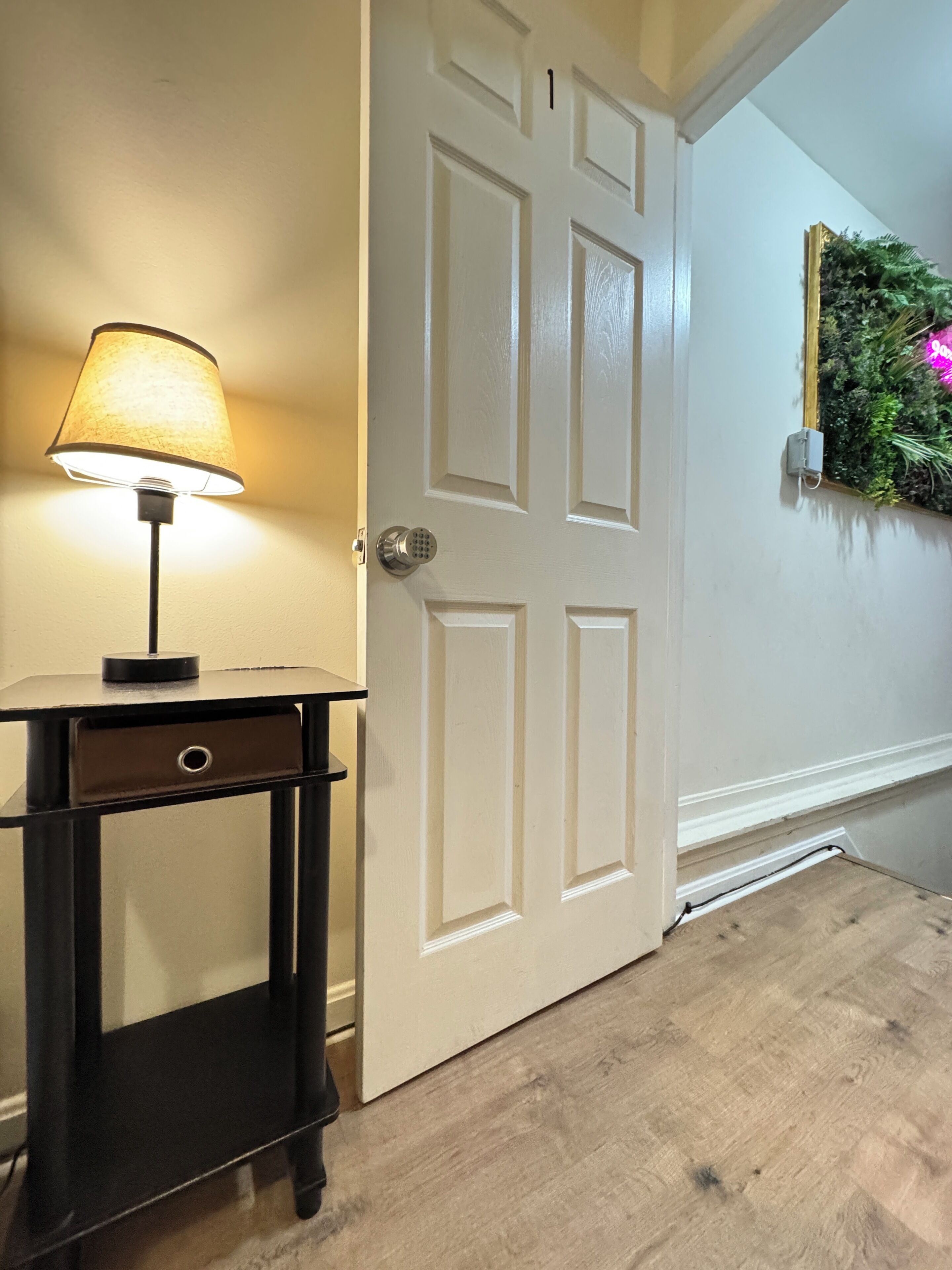 A closed white door with a keyhole, a small table with a lamp, and a wall-mounted plant.