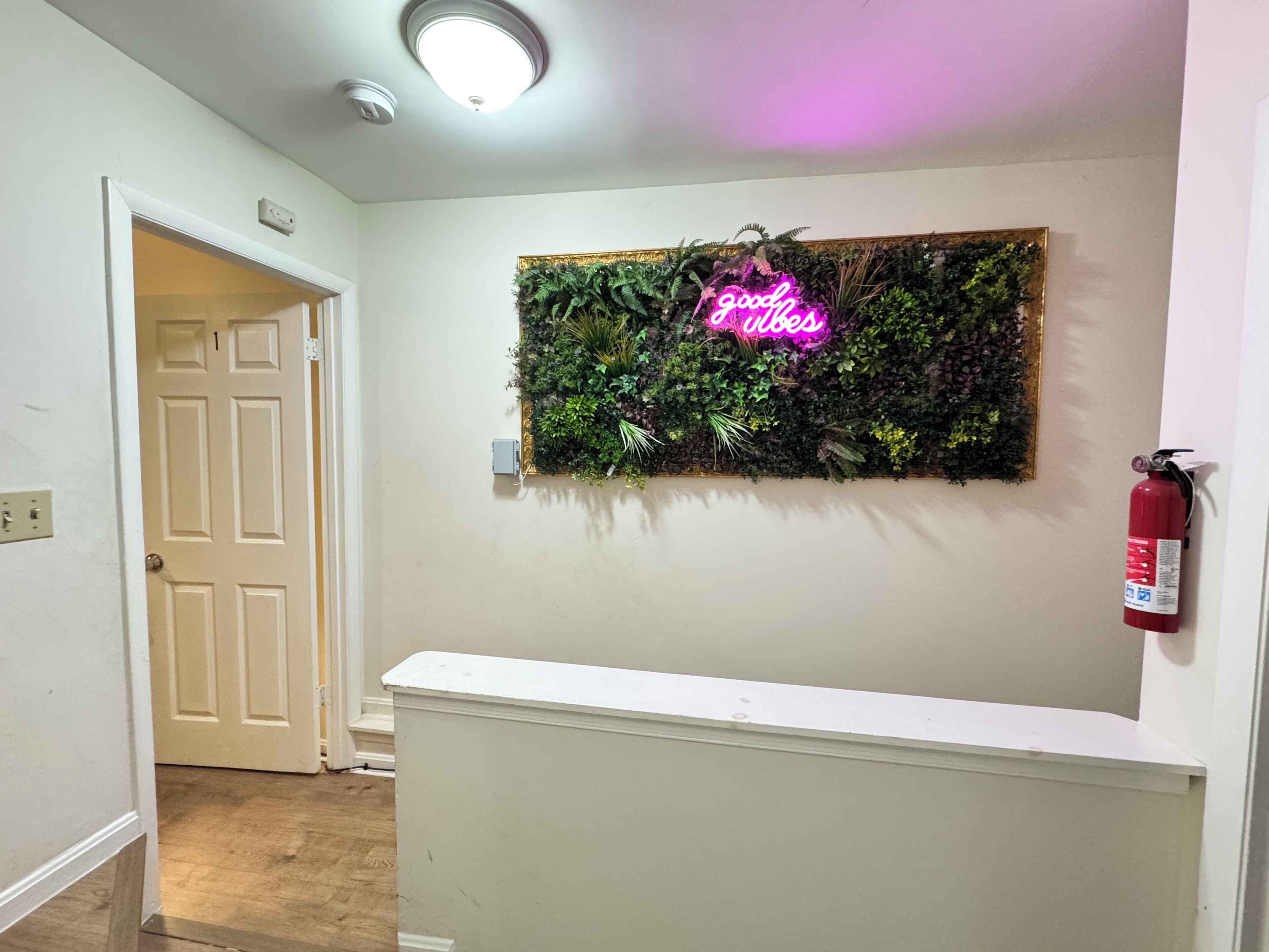 Un couloir avec une porte blanche, un panneau lumineux au néon, un extincteur et une jardinière fixée au mur.