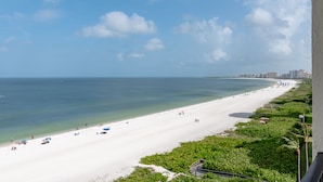 A beach with a clear sky, a sandy shore, and a few umbrellas.