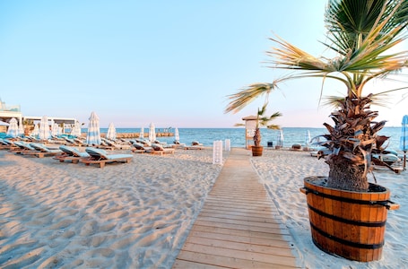 On the beach, beach cabanas, sun-loungers, beach umbrellas. Marty's Beachfront Apartments