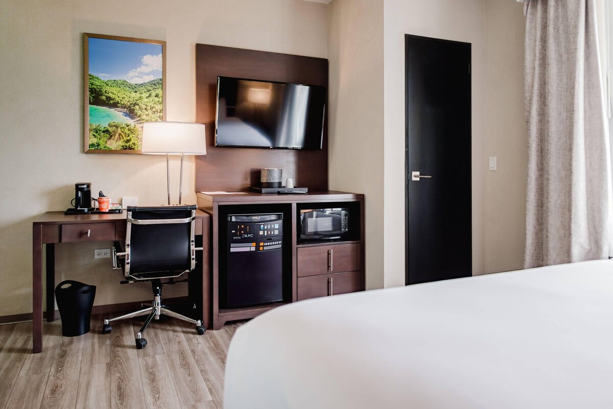 Una habitación de hotel con cama, escritorio con silla, televisor, microondas y cafetera.