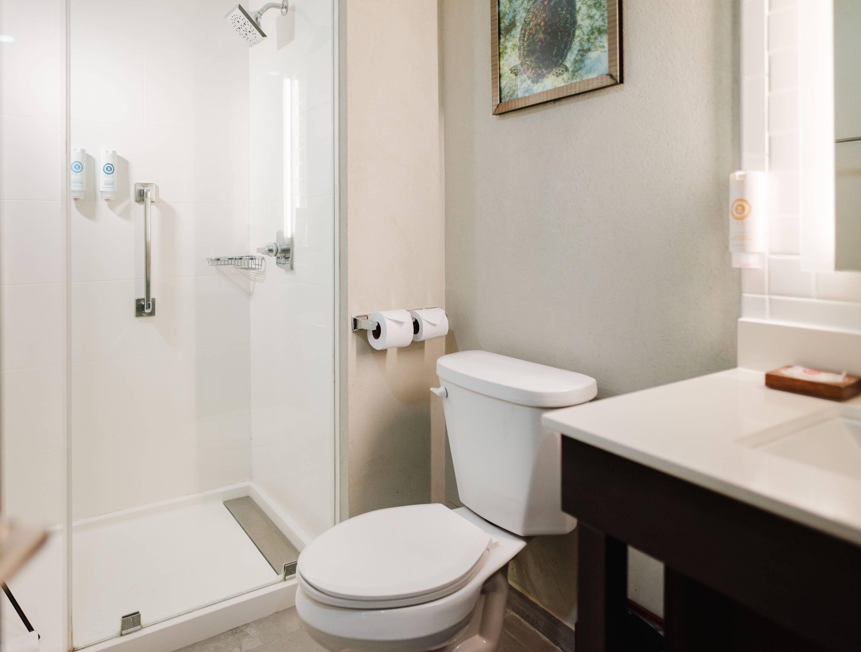 A modern bathroom with a glass-enclosed shower, a toilet, and a sink.