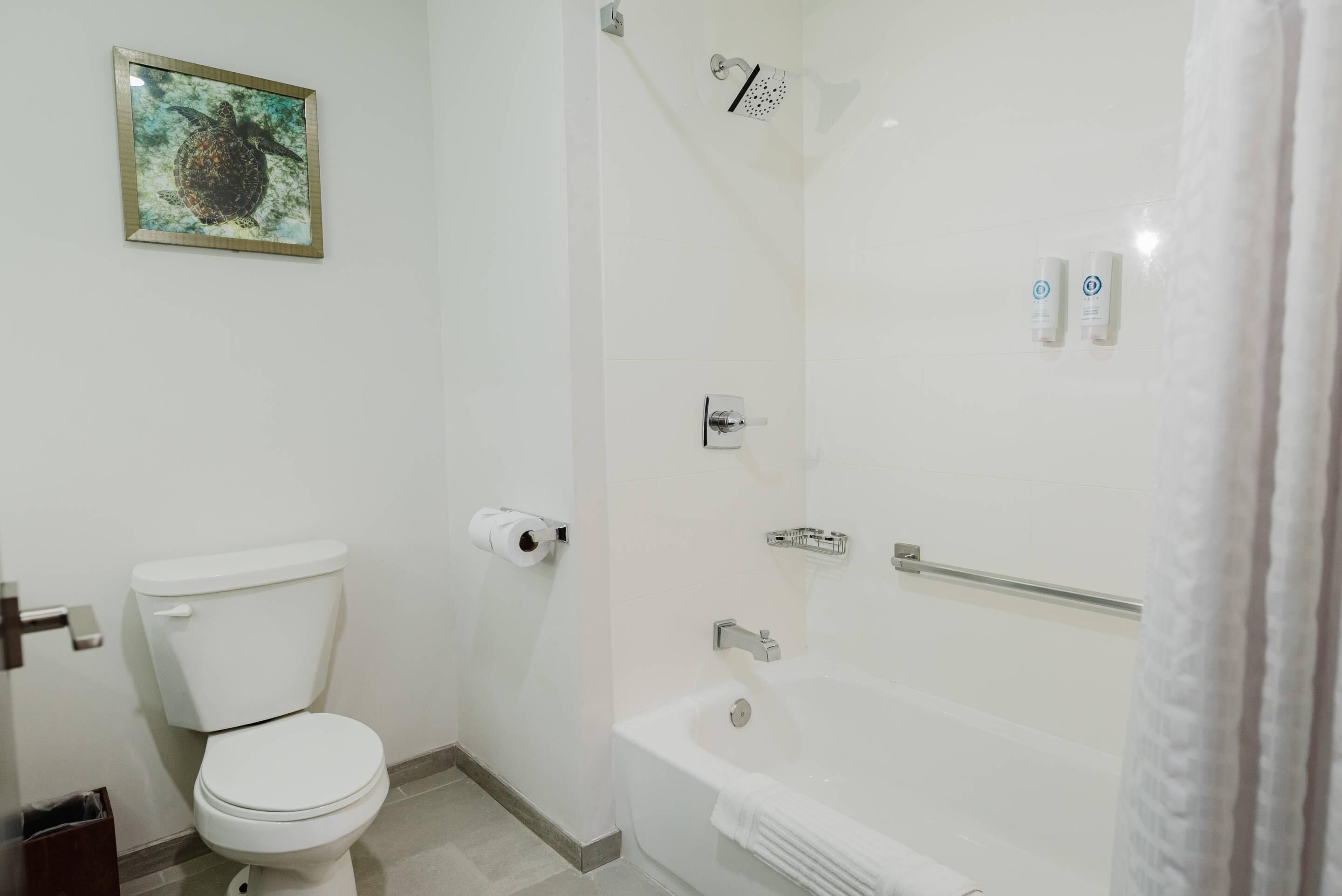 A bathroom with a toilet, a shower, and a bathtub.