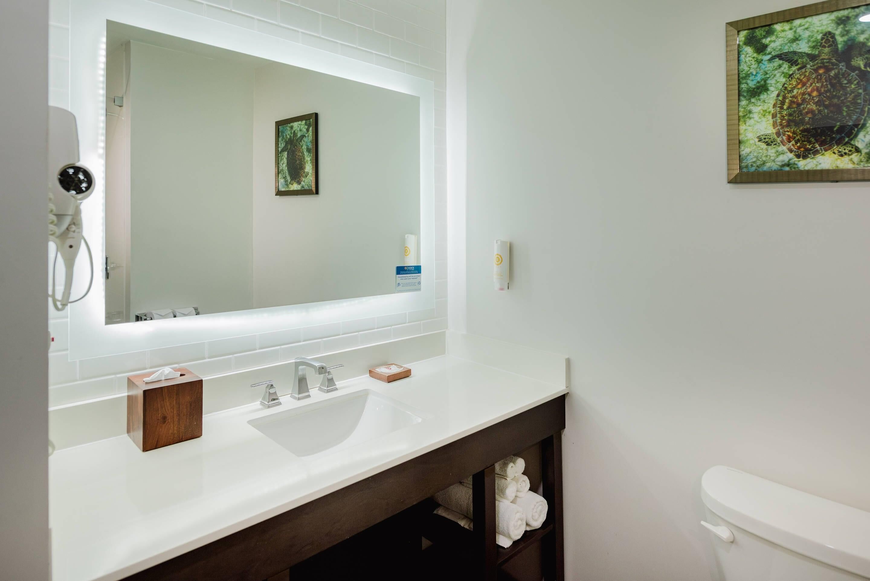 A bathroom with a white sink, a large mirror, a towel rack, and a toilet.