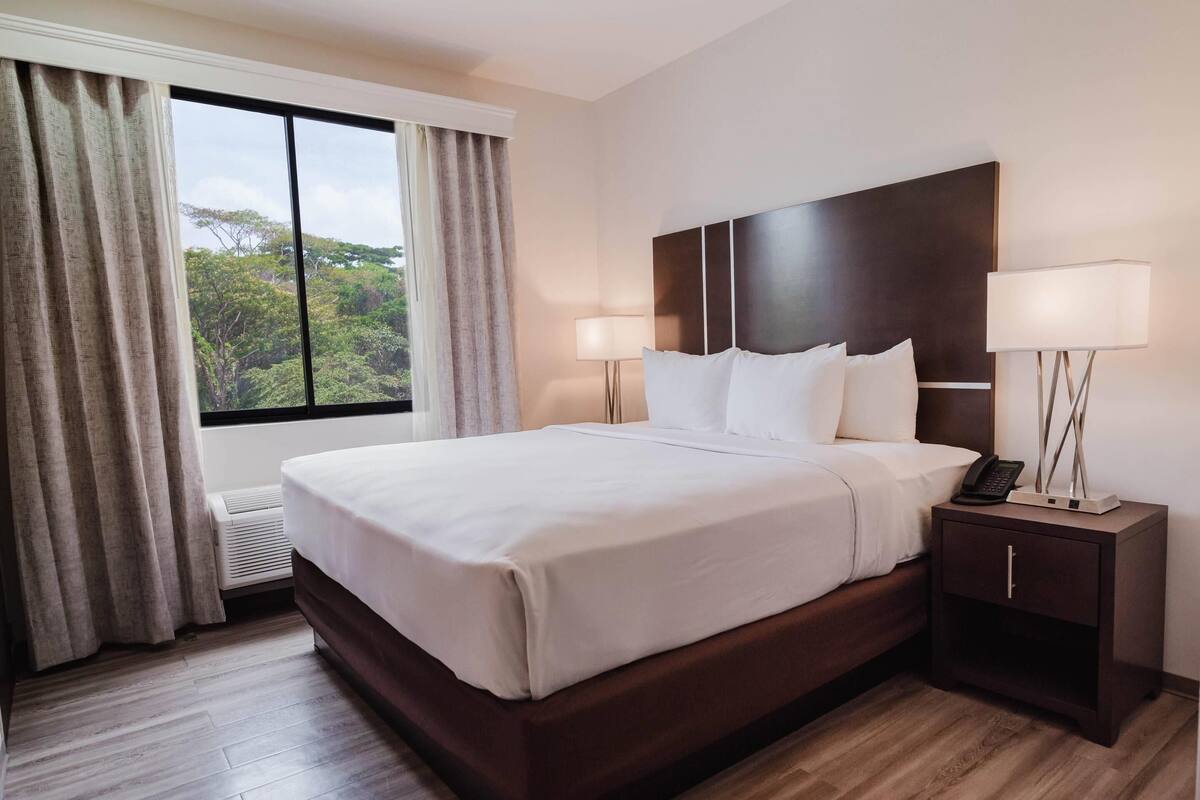 Premium bedding, desk, laptop workspace, blackout curtains
