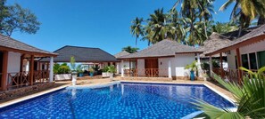 Outdoor pool, pool umbrellas, pool loungers