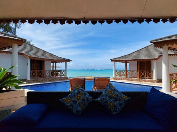 Outdoor pool, pool umbrellas, pool loungers