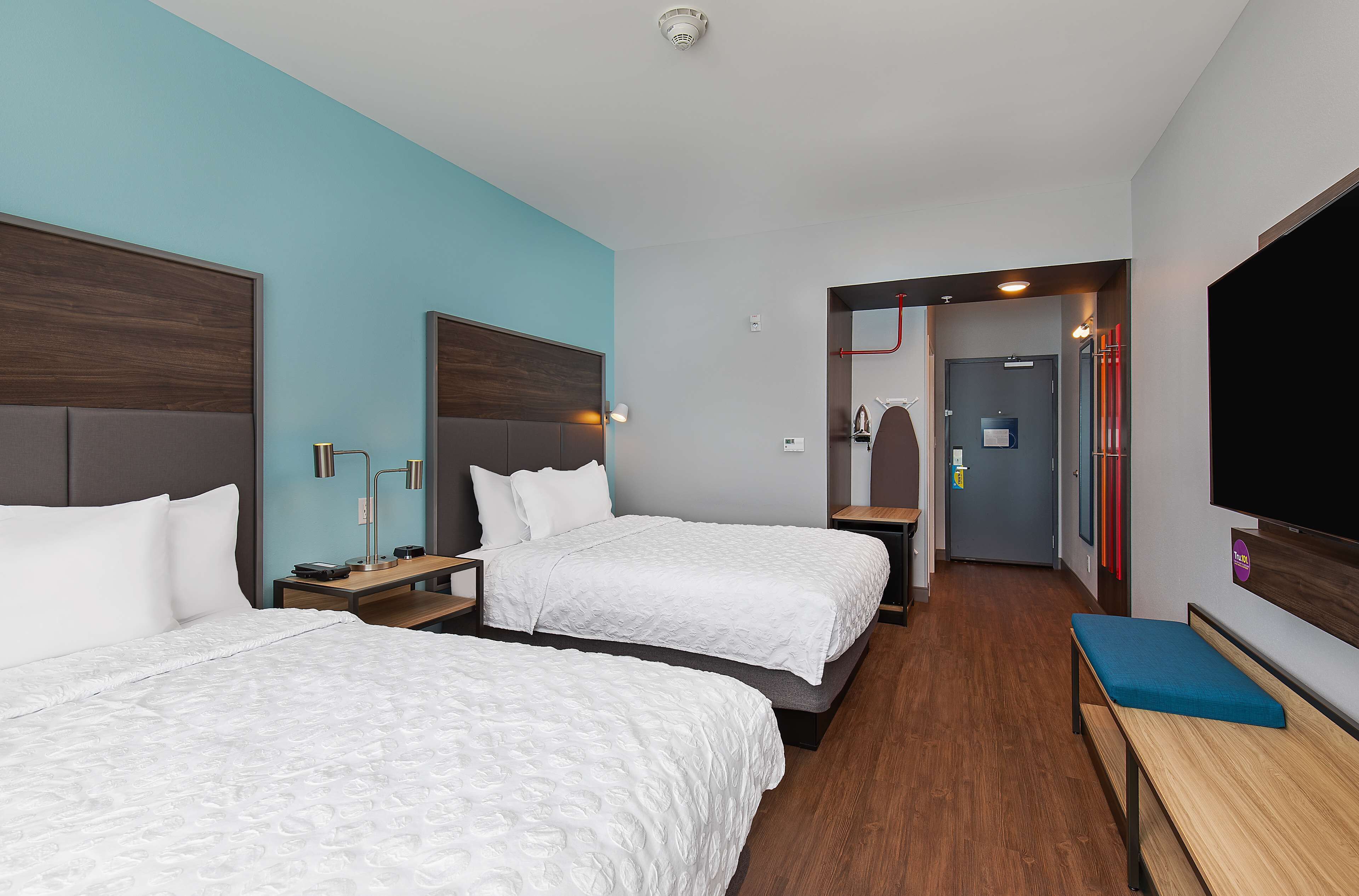 Room, 2 Queen Beds | Desk, laptop workspace, blackout drapes, iron/ironing board