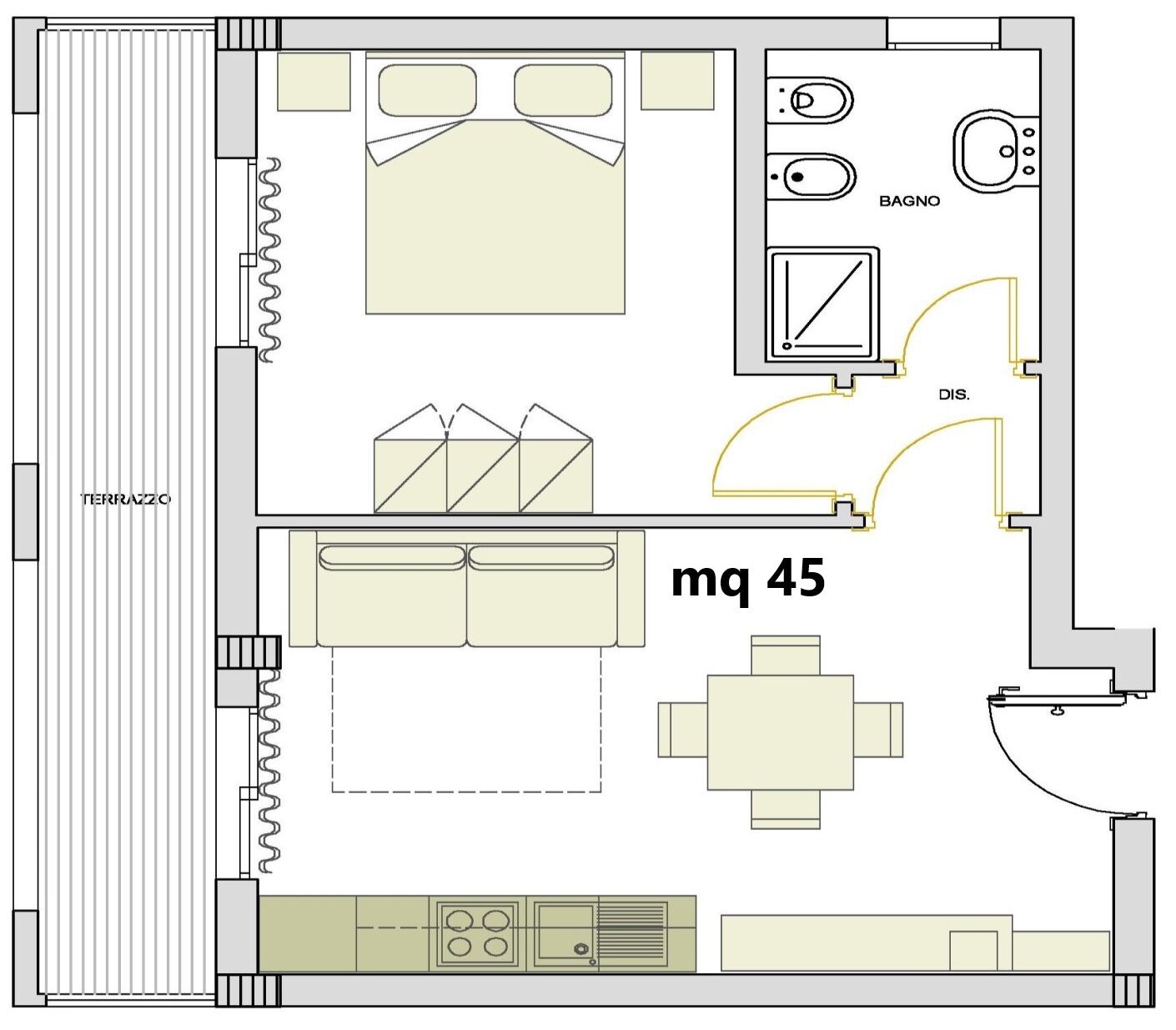 Ein Grundriss eines Hotelzimmers mit der Bezeichnung 'mq 45', ausgestattet mit einer Küchenzeile, einem Essbereich, einem Badezimmer und einer Terrasse.