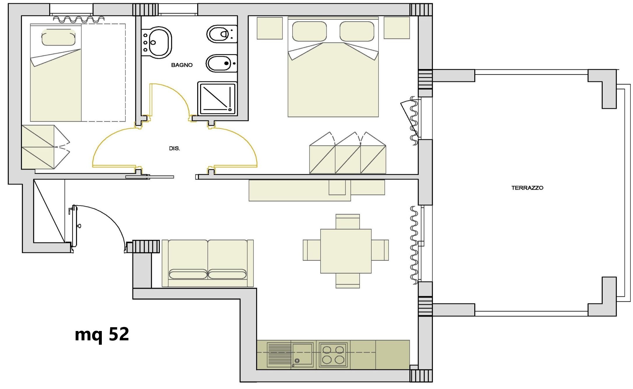 Un plan d’étage d’une chambre d’hôtel, indiquant une superficie de « 52 m² », comprenant une salle de bain, un coin cuisine et un petit espace salon.