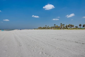 Una playa con cielo despejado, orilla de arena y palmeras.