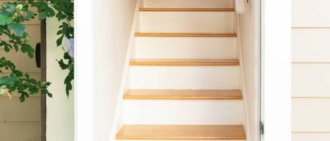 A wooden staircase leading to an upper floor, with a door at the bottom.