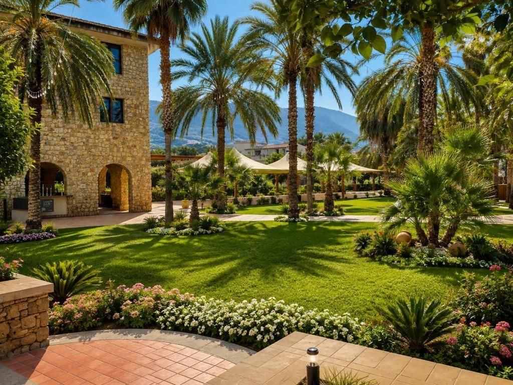 Un edificio de piedra con arcos, rodeado de un césped cuidado, palmeras y un paisaje montañoso.