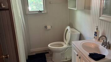 Combined shower/tub, hair dryer, towels, soap