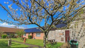 A brick building with a red door, a stone wall, and a garden with a tree and picnic tables. - Carthouse (Weston-super-Mare)
