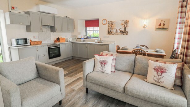 A modern kitchen with grey cabinets, a microwave, and a red window. There is a dining area with a table and chairs, and a sofa with decorative pillows. - Carthouse (Weston-super-Mare)