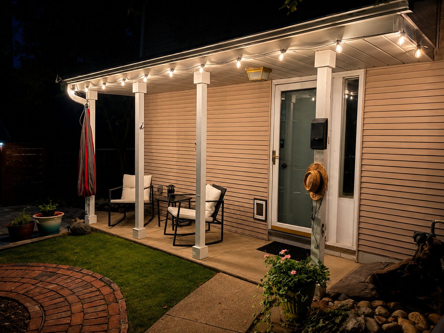A covered patio area with outdoor seating, a door with a glass panel, and string lights.