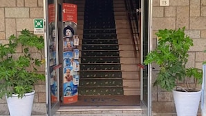 A building entrance with a staircase leading inside, potted plants on either side, and a sign on the left. - Hotel Luca (Rimini)