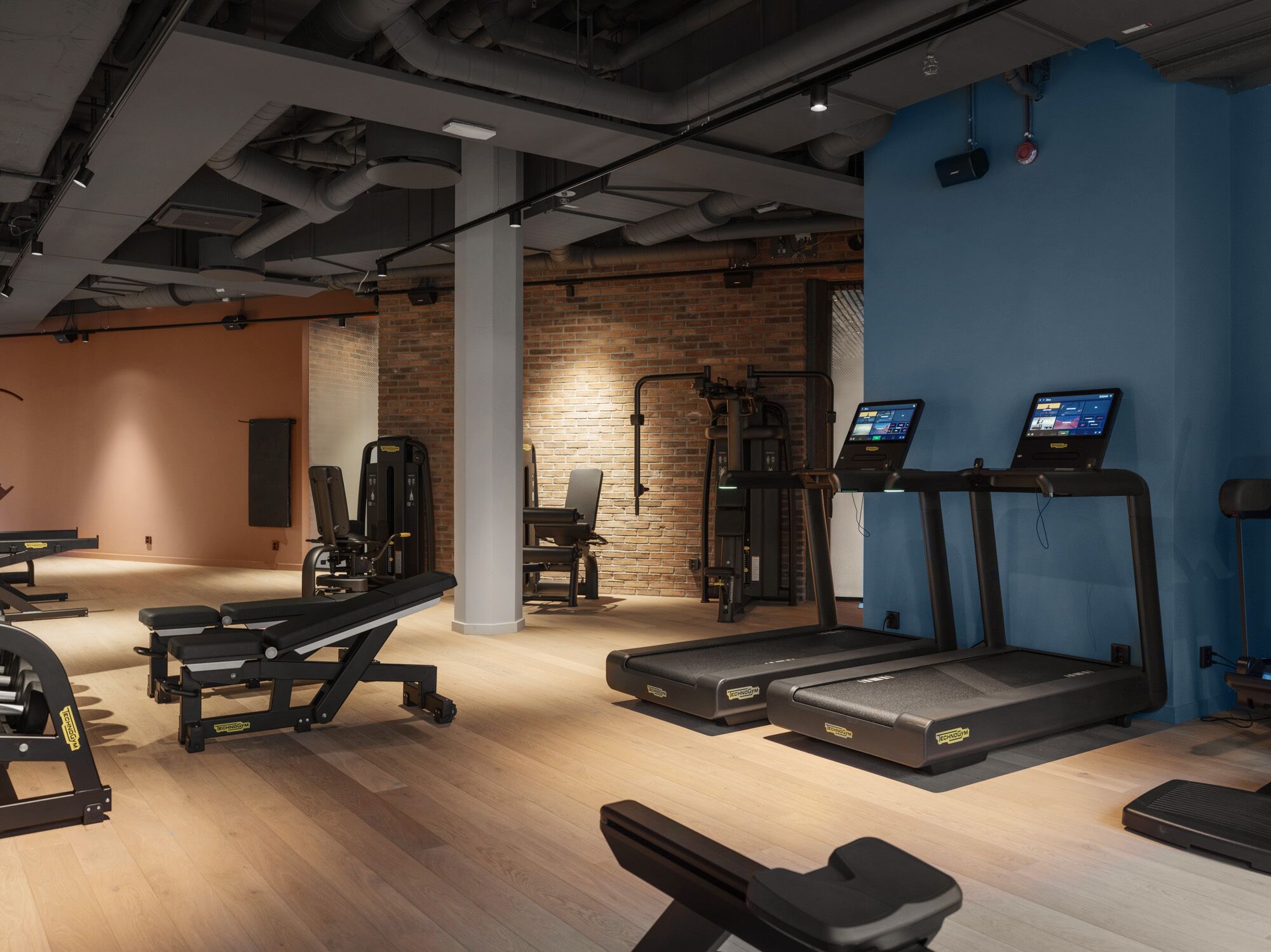 Ein Fitnessraum mit Laufbändern, Krafttrainingsgeräten und einer Hantelbank.