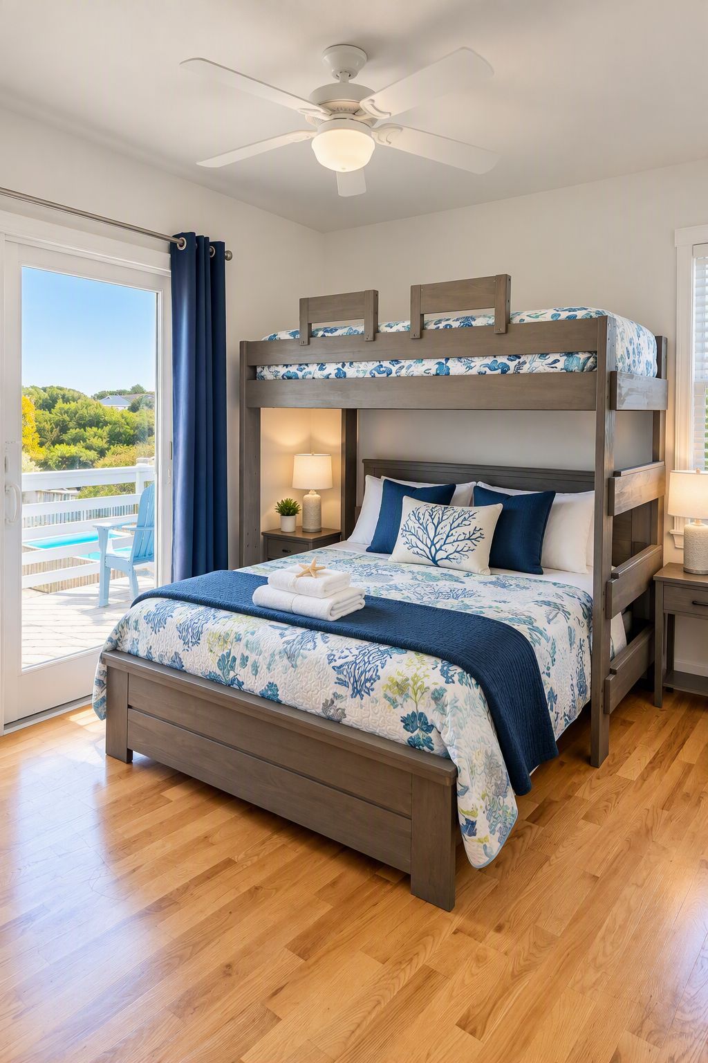 A bedroom with a bunk bed, a ceiling fan, a nightstand with a lamp, and a view of a pool.