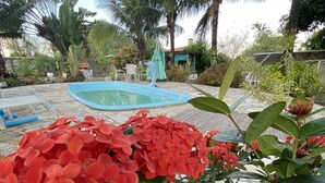 A swimming pool surrounded by lush greenery and red flowers. - Recanto das Orquideas II (Quatis)